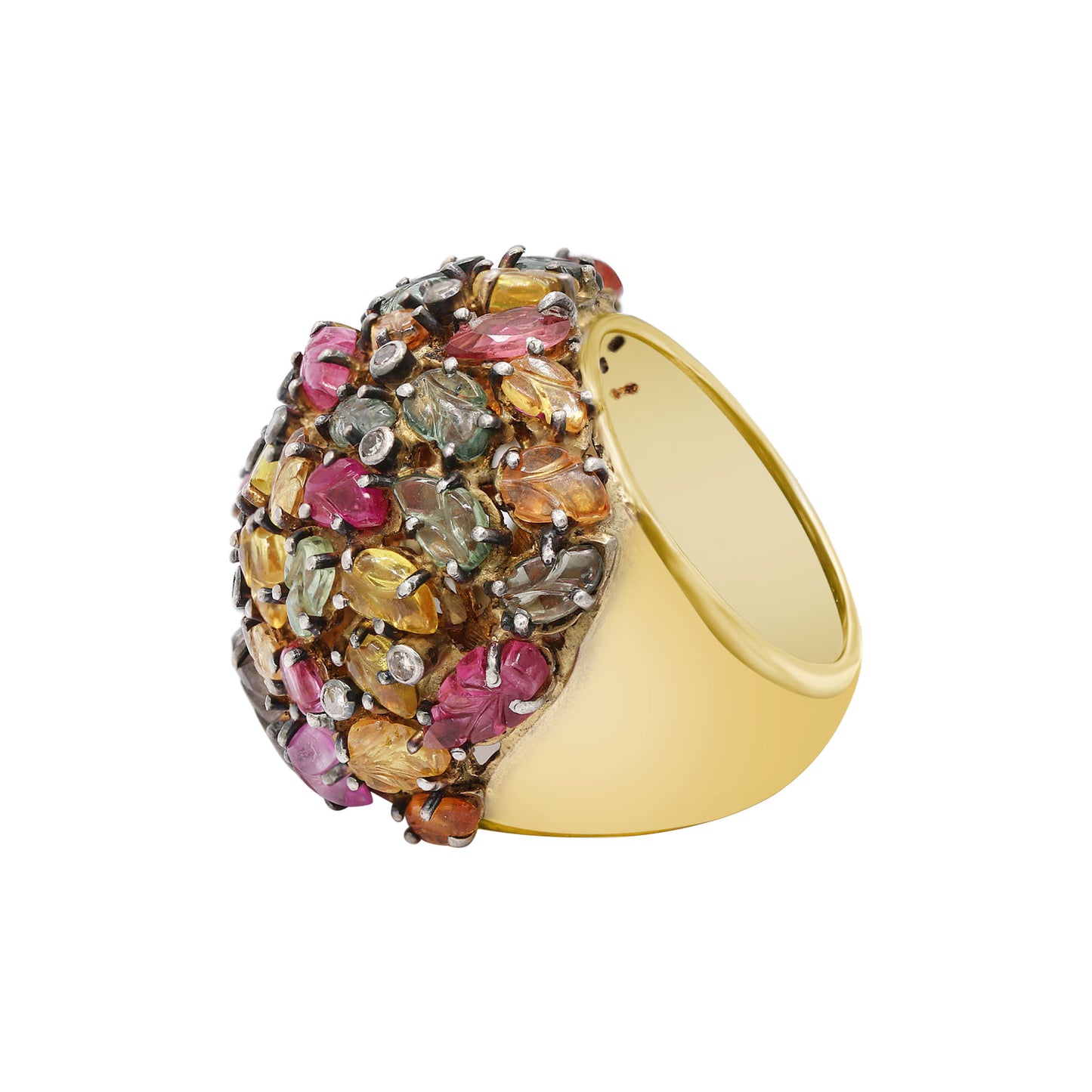 Beautiful Leaf Design Multi Tourmaline And Diamond 925 Sterling Silver Gold Plated Ring