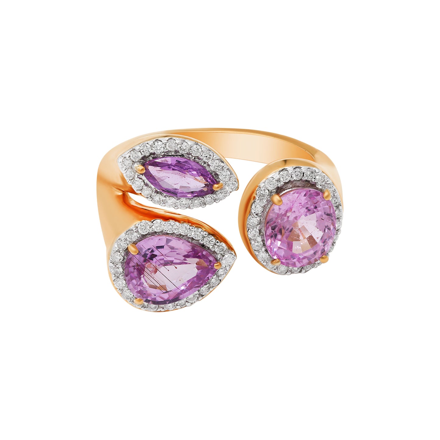 Natural Pink Sapphire Gemstone With Diamond Ring In 18k Yellow Gold