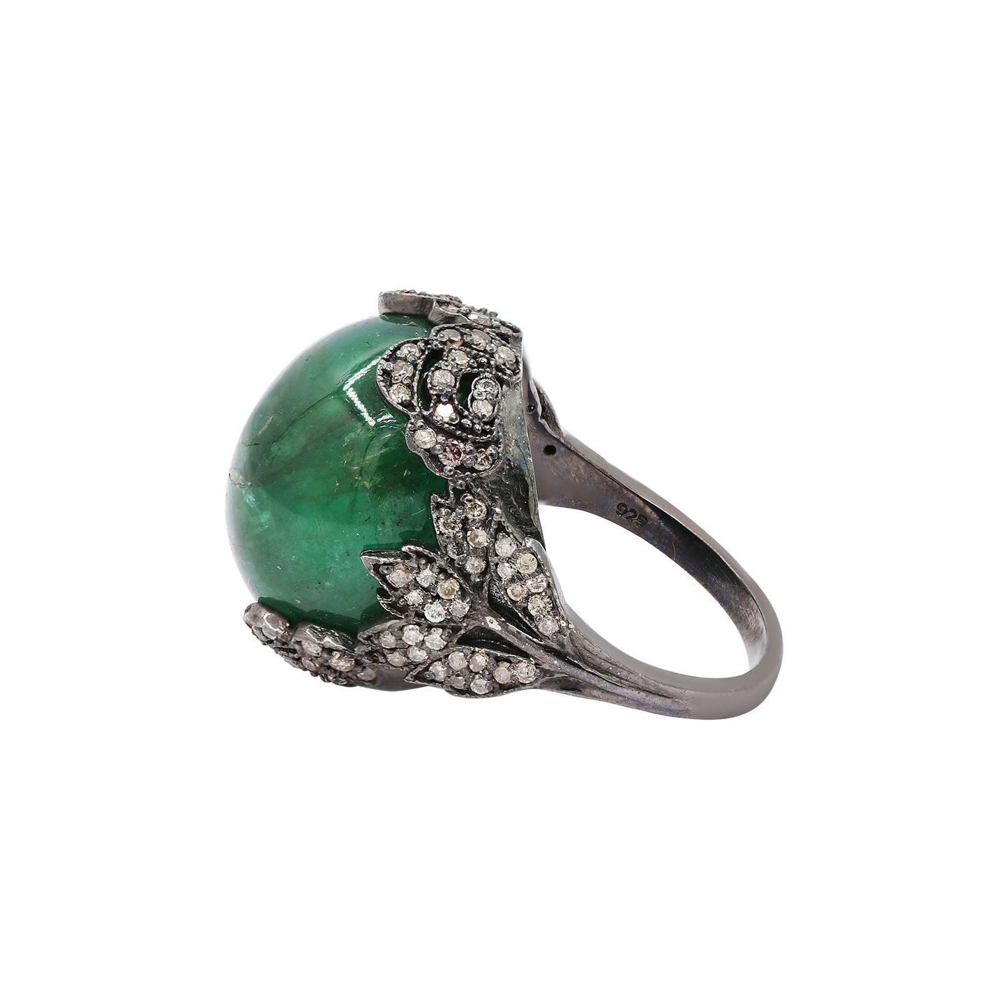 Designer Natural Emerald & Diamond 925 Sterling Silver Black Rhodium Ring