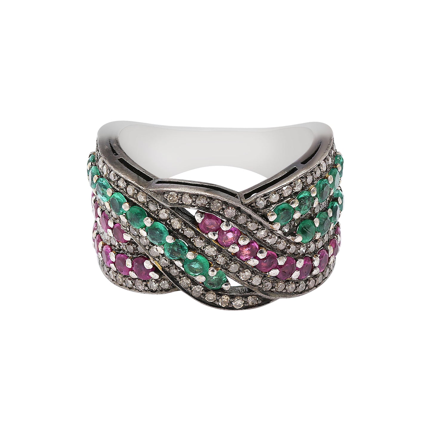 925 Sterling Silver Natural Ruby, Emerald And Genuine Diamond Band Ring
