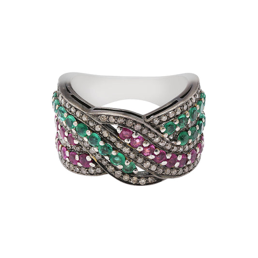 925 Sterling Silver Natural Ruby, Emerald And Genuine Diamond Band Ring