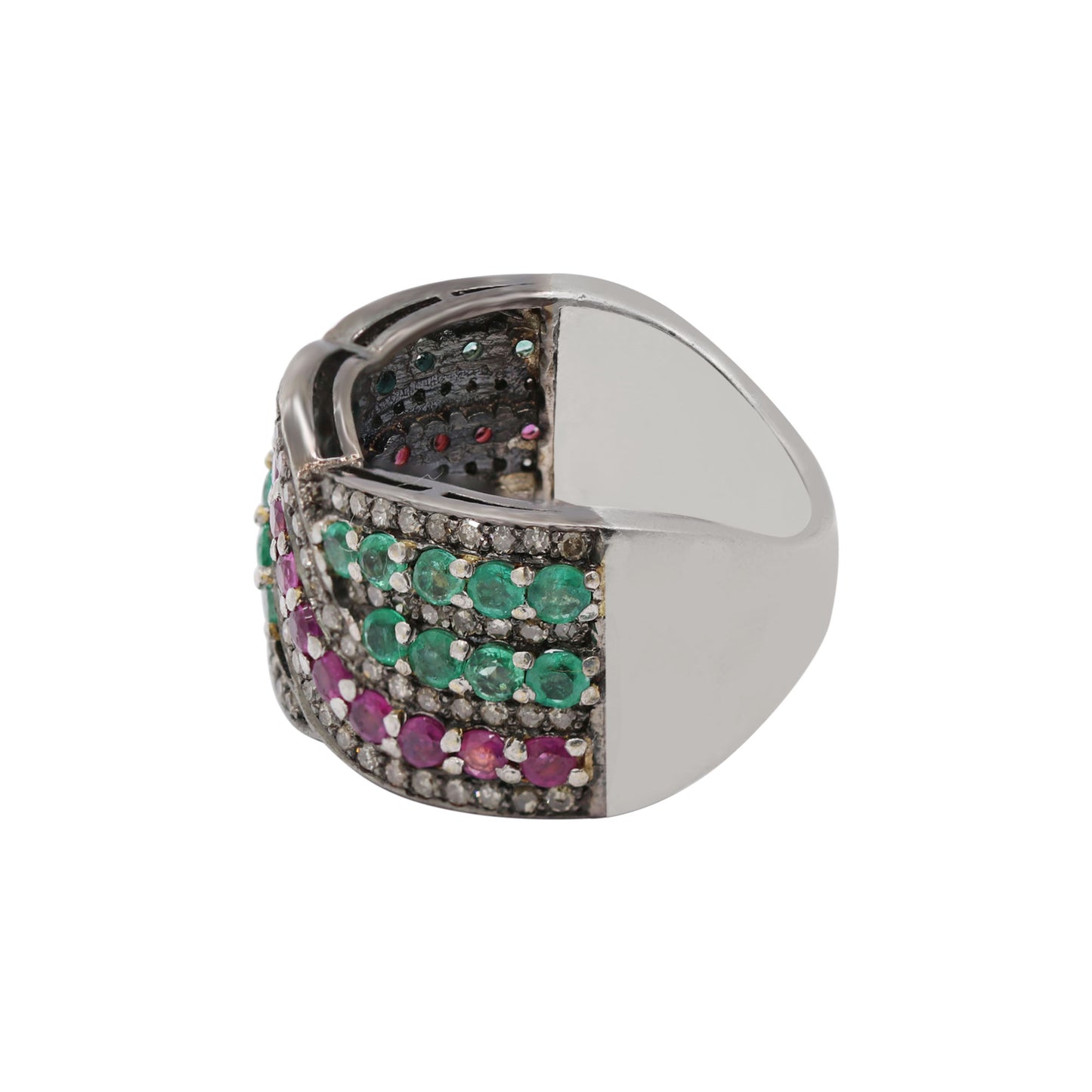 925 Sterling Silver Natural Ruby, Emerald And Genuine Diamond Band Ring