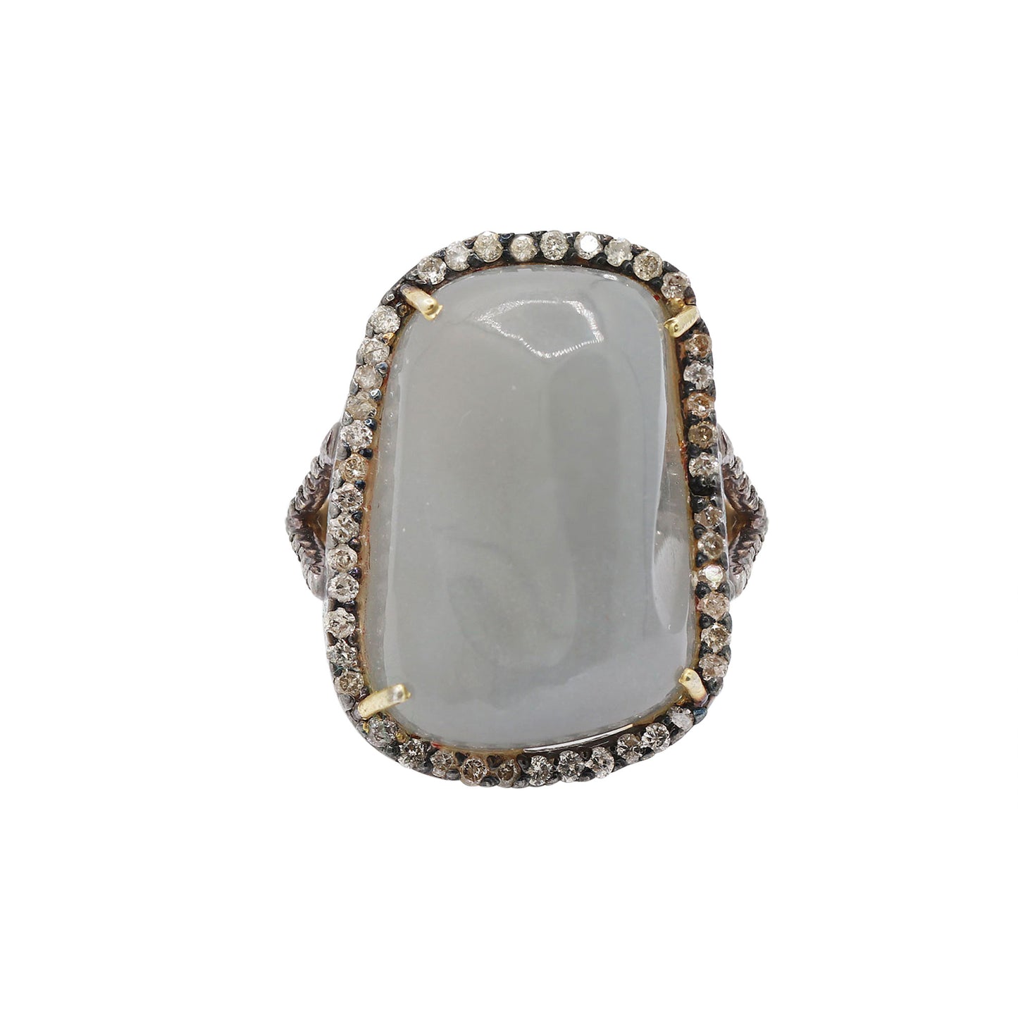 Natural Chalcedony With Diamond 925 Silver Gold Plated Ring