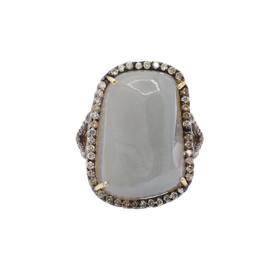 Natural Chalcedony With Diamond 925 Silver Gold Plated Ring