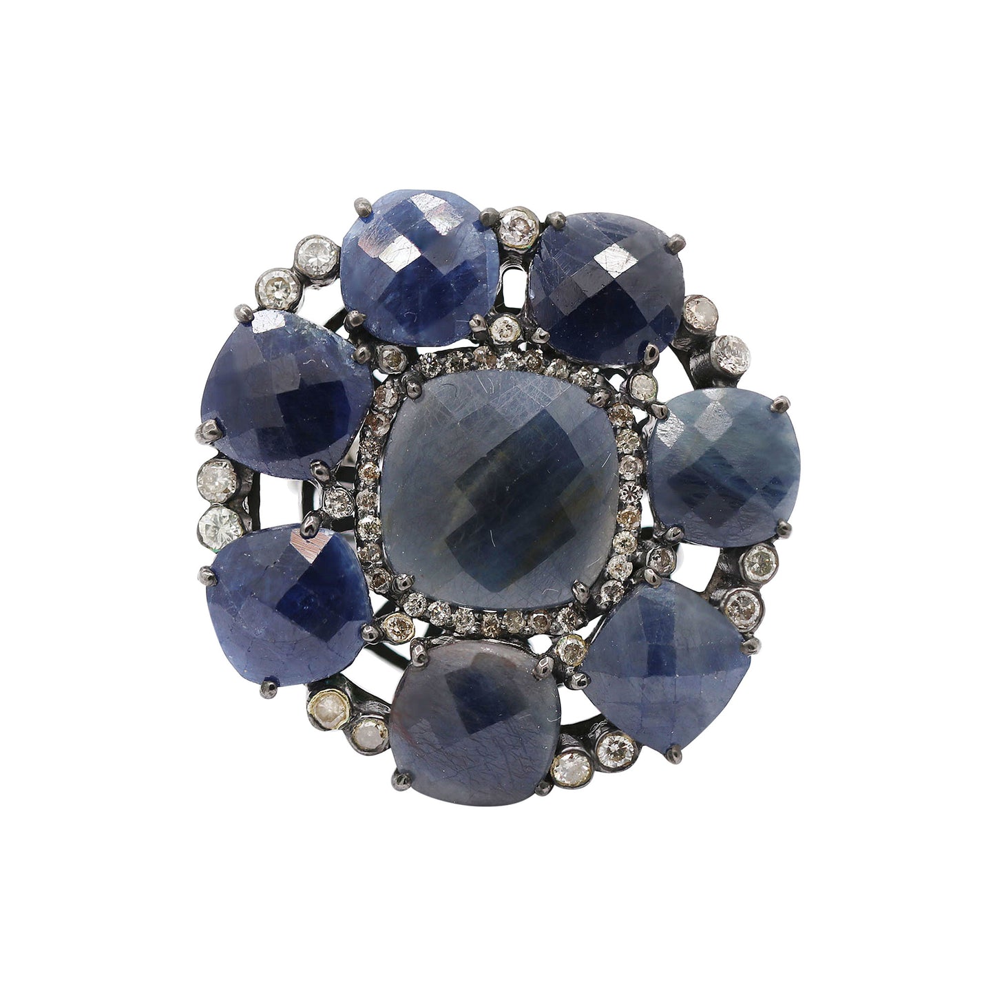 Natural Blue Sapphire With Diamond 925 Sterling Silver Black Rhodium Ring