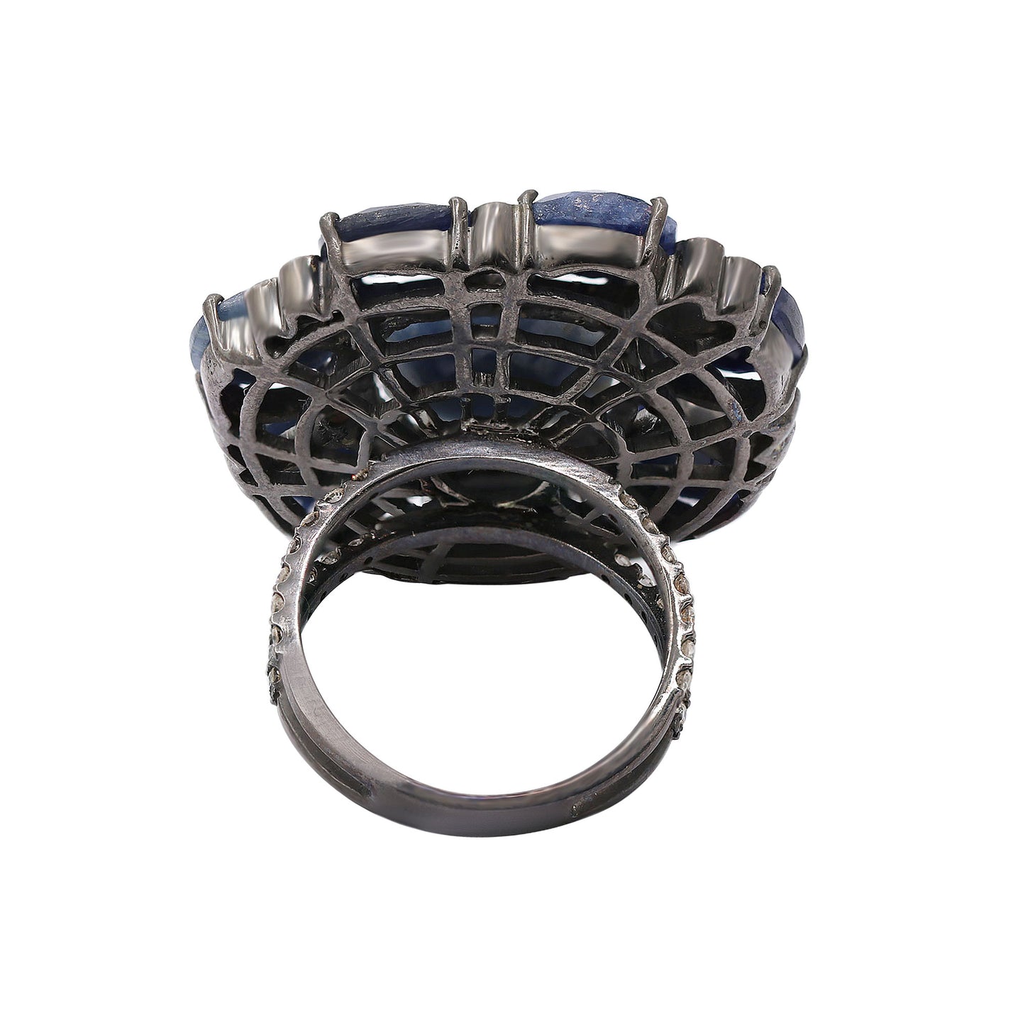 Natural Blue Sapphire With Diamond 925 Sterling Silver Black Rhodium Ring