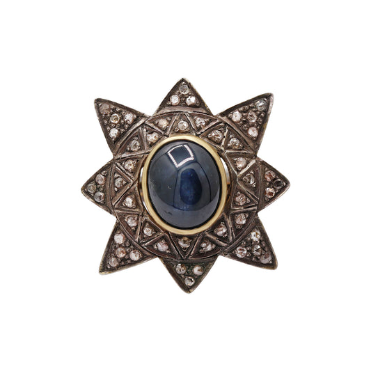 Star Natural Blue Sapphire With Diamond 925 Sterling Silver Black Rhodium Ring