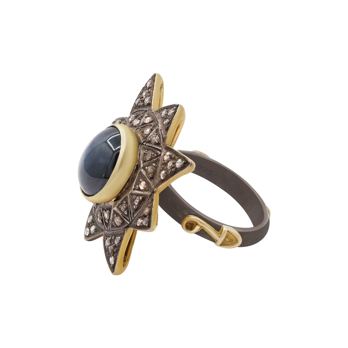 Star Natural Blue Sapphire With Diamond 925 Sterling Silver Black Rhodium Ring