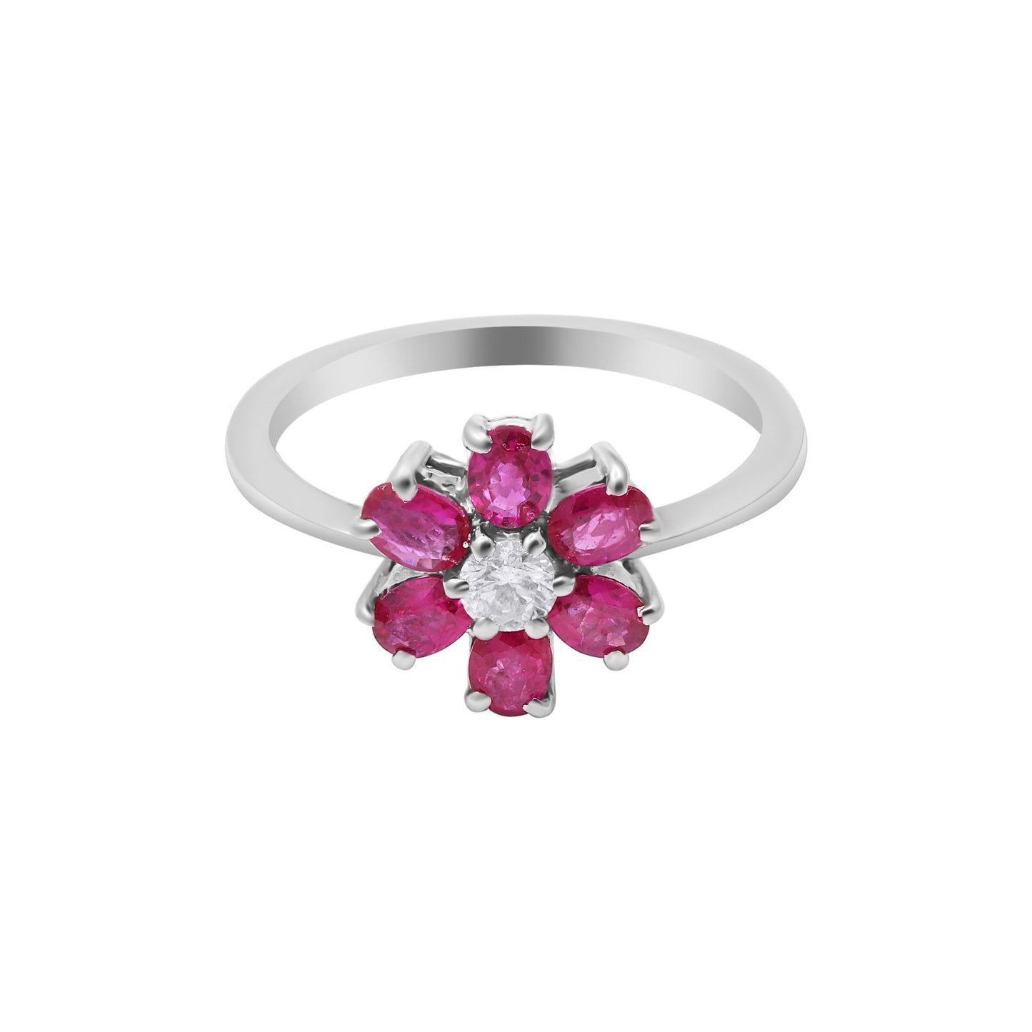 Floral Shaped Natural Ruby Gemstone And Diamond Gold Ring In 18k White Gold