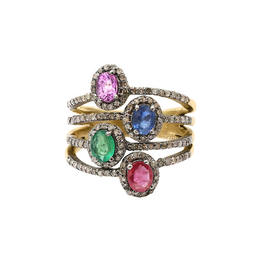 Pink & Blue Sapphire, Ruby, Emerald & Diamond Ring 925 Sterling Silver Gold Plated Ring