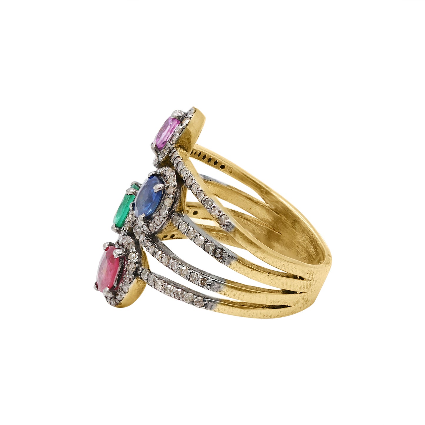 Pink & Blue Sapphire, Ruby, Emerald & Diamond Ring 925 Sterling Silver Gold Plated Ring