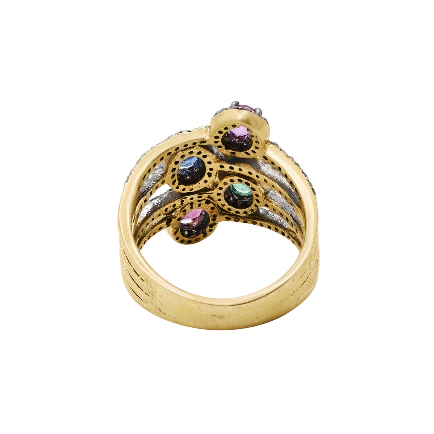 Pink & Blue Sapphire, Ruby, Emerald & Diamond Ring 925 Sterling Silver Gold Plated Ring