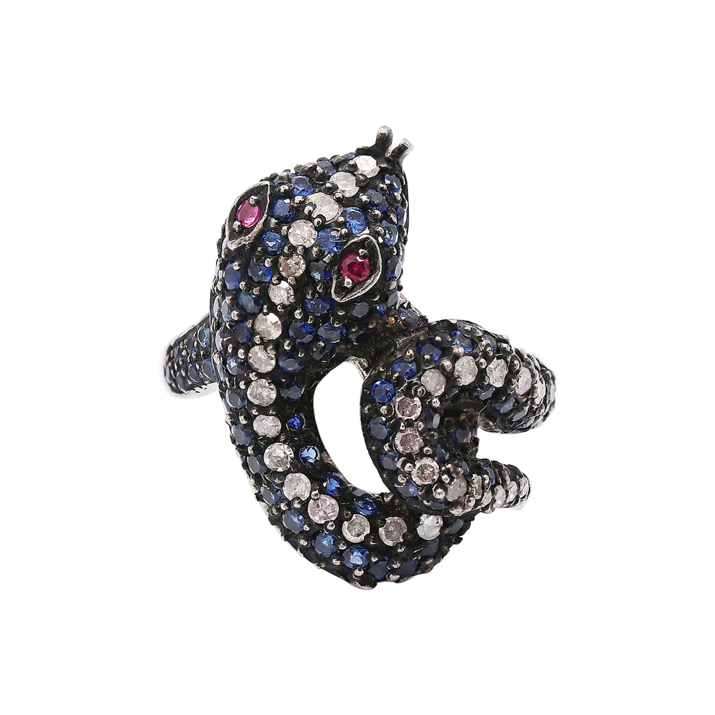 Snake Design Natural Blue Sapphire, Ruby & Diamond 925 Sterling Silver Ring