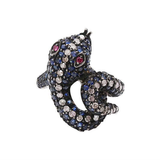 Snake Design Natural Blue Sapphire, Ruby & Diamond 925 Sterling Silver Ring