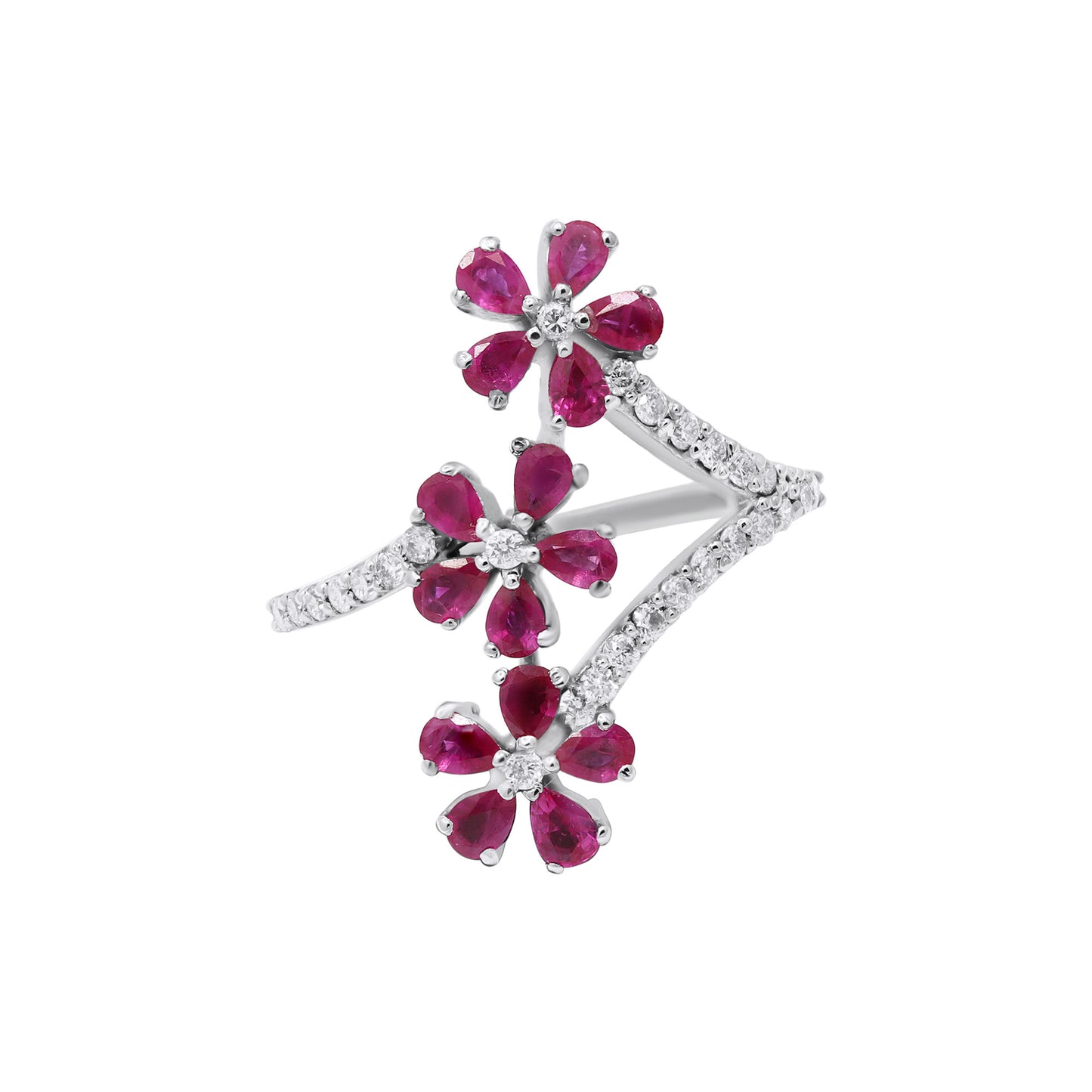 Natural Ruby With Diamond White Gold Flower Ring In 18k White Gold