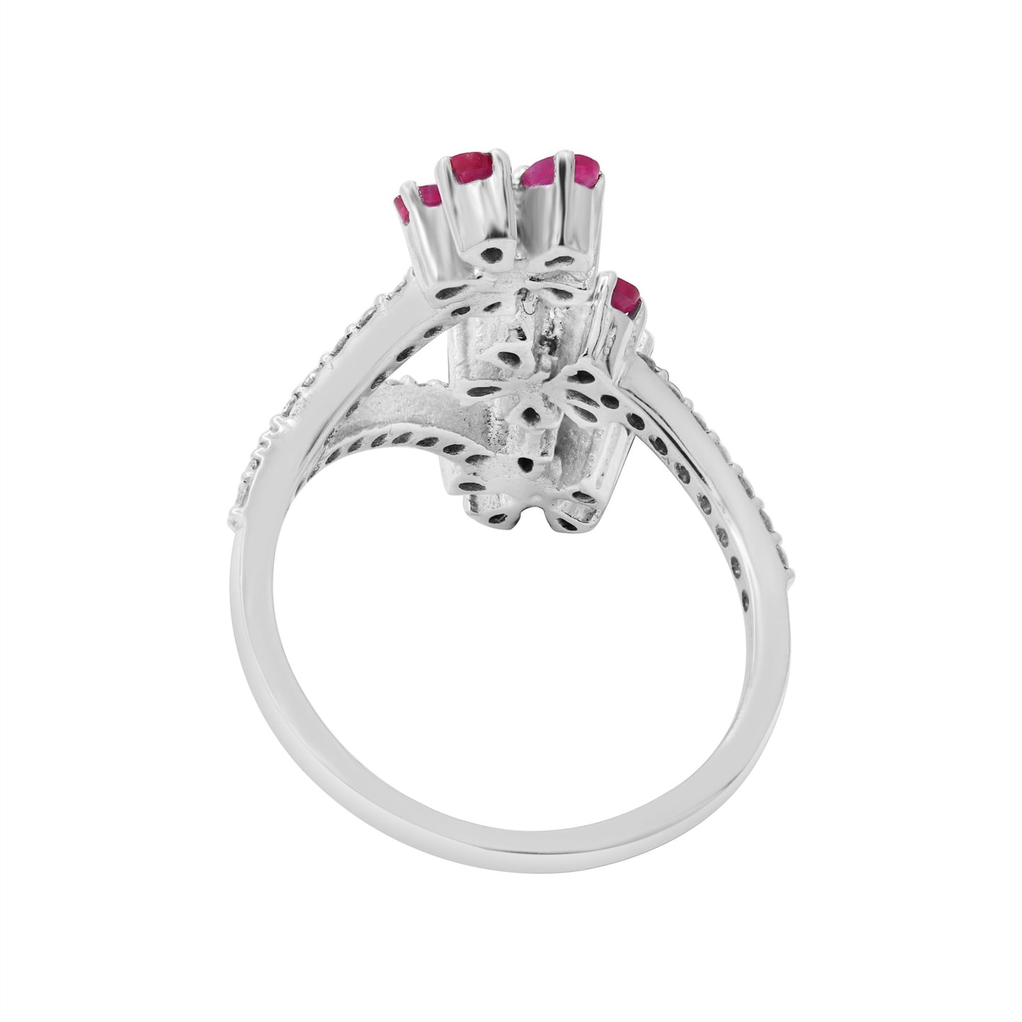 Natural Ruby With Diamond White Gold Flower Ring In 18k White Gold