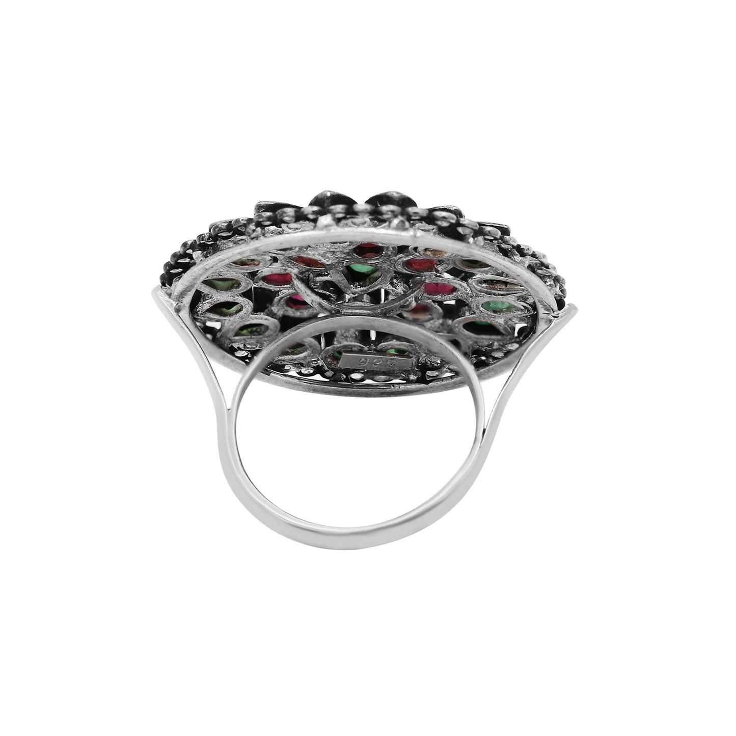 Elegant Natural Emerald, Ruby & Diamond 925 Sterling Silver Handmade Ring