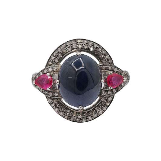 Natural Blue Sapphire, Ruby With Diamond 925 Sterling Silver Ring