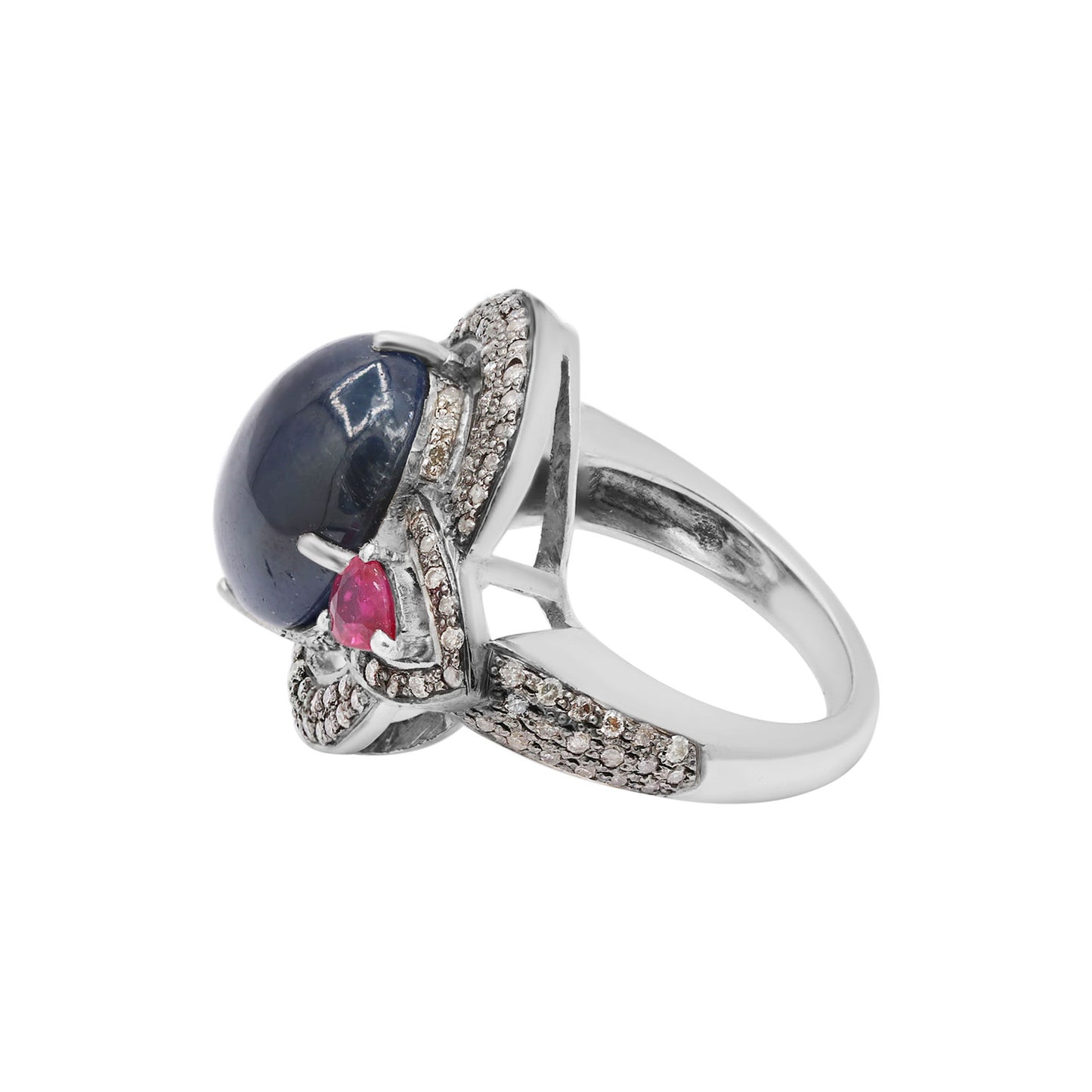 Natural Blue Sapphire, Ruby With Diamond 925 Sterling Silver Ring