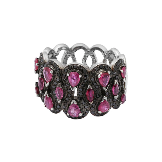 Natural Ruby And Black Diamond 925 Sterling Silver Band Ring