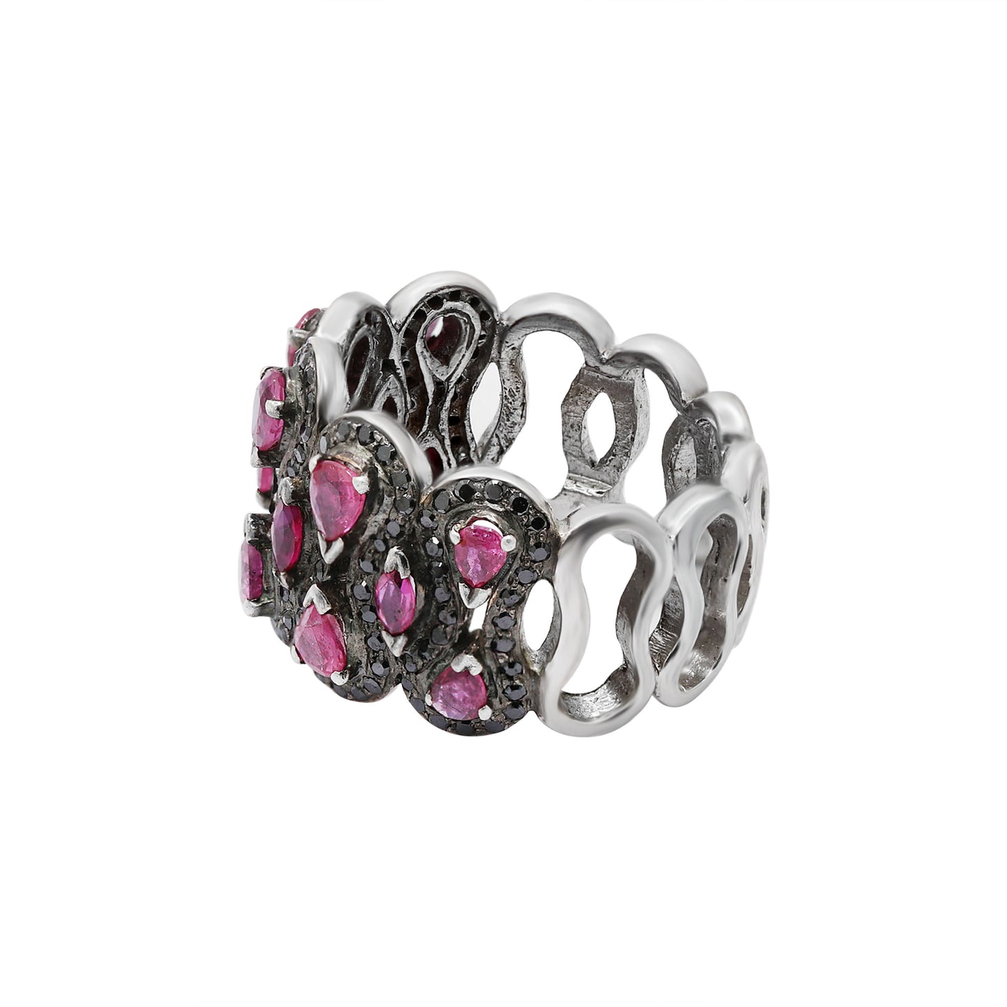 Natural Ruby And Black Diamond 925 Sterling Silver Band Ring