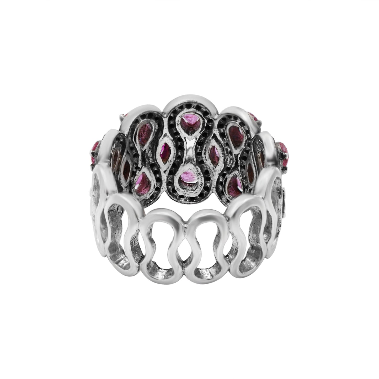 Natural Ruby And Black Diamond 925 Sterling Silver Band Ring