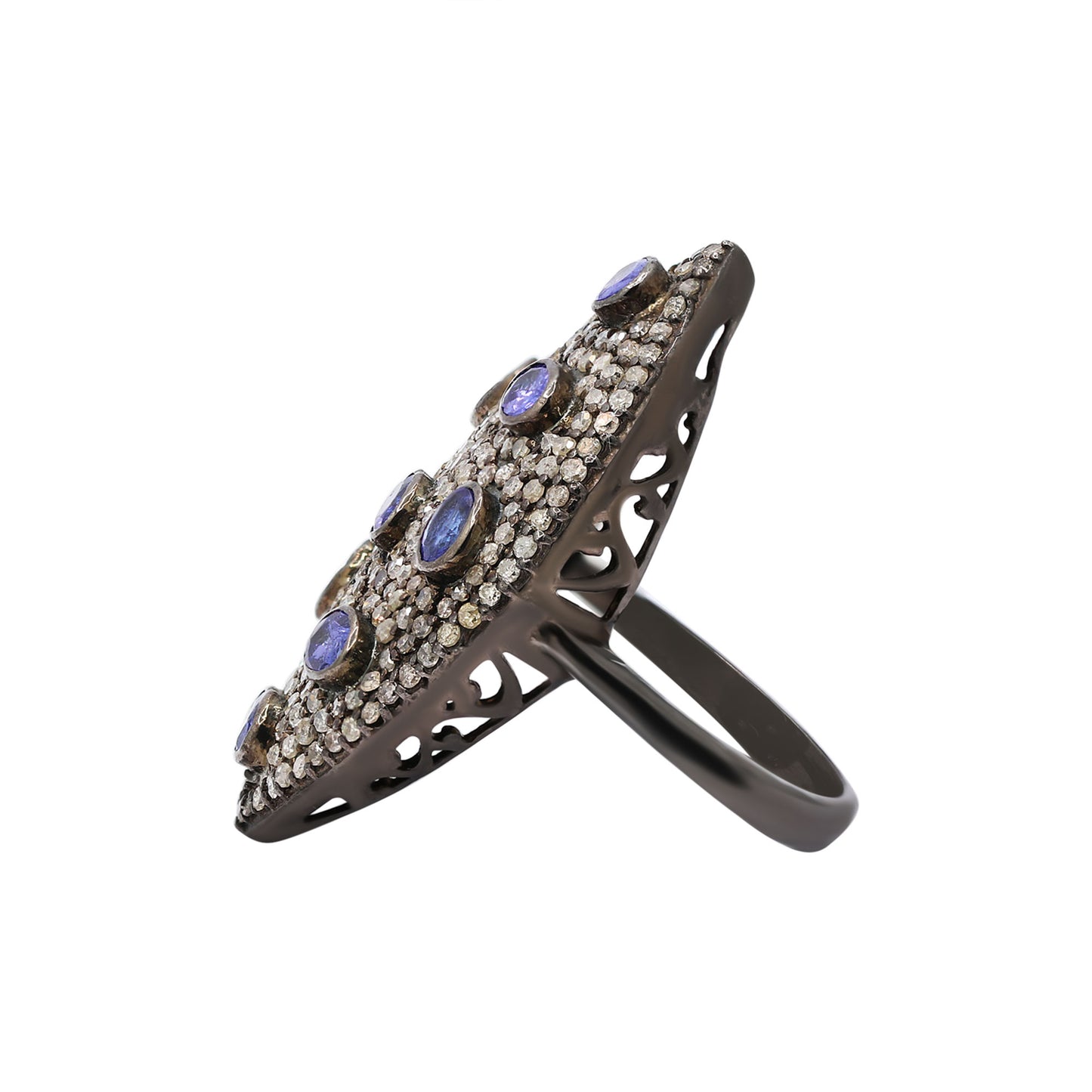 Natural Tanzanite And Diamond 925 Silver Black Rhodium Ring