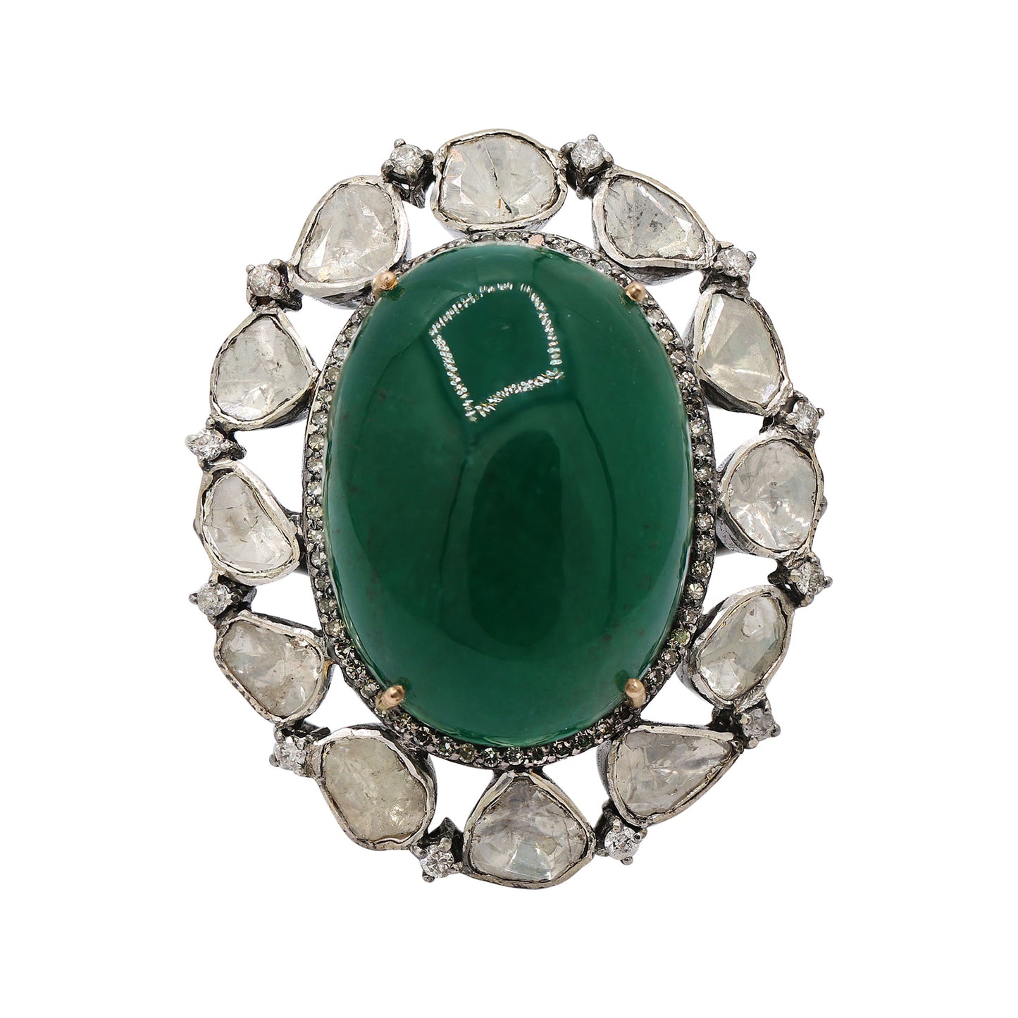 Natural Emerald Oval Cut Precious Gemstone With Polki Diamond 925 Sterling Silver Ring