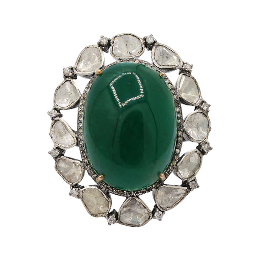 Natural Emerald Oval Cut Precious Gemstone With Polki Diamond 925 Sterling Silver Ring
