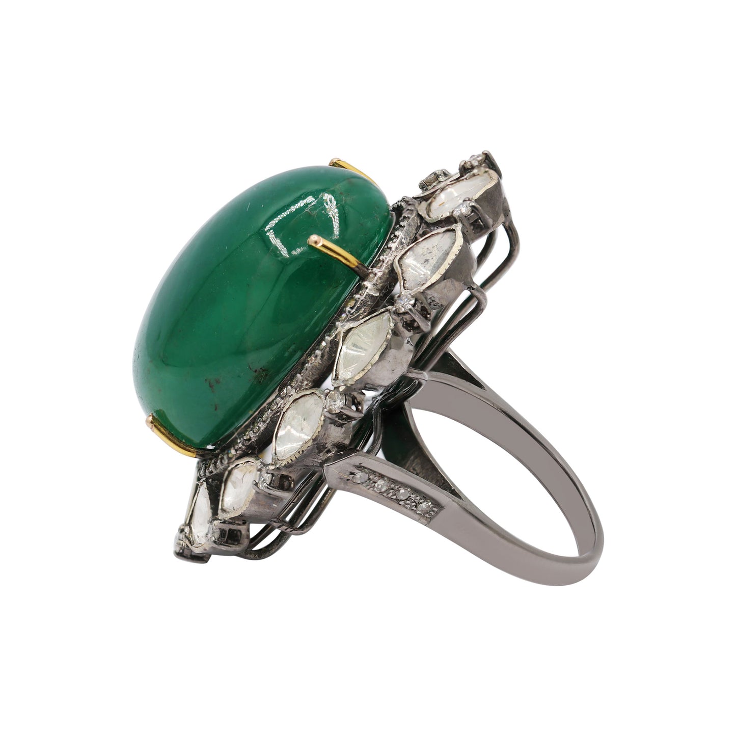 Natural Emerald Oval Cut Precious Gemstone With Polki Diamond 925 Sterling Silver Ring