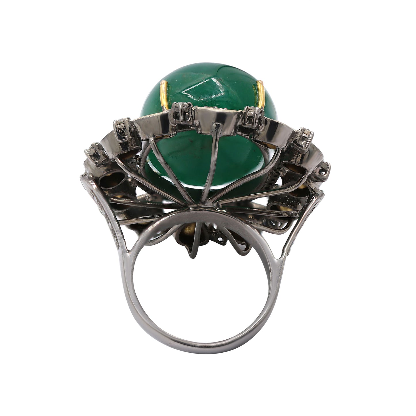 Natural Emerald Oval Cut Precious Gemstone With Polki Diamond 925 Sterling Silver Ring