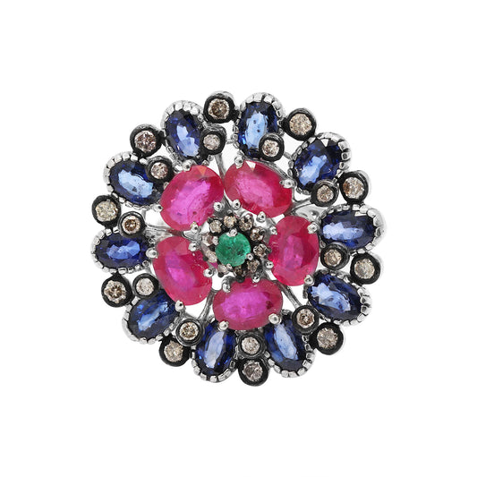 Floral Shaped Natural Ruby, Emerald, Sapphire, Diamond 925 Sterling Silver Gold Plated Ring