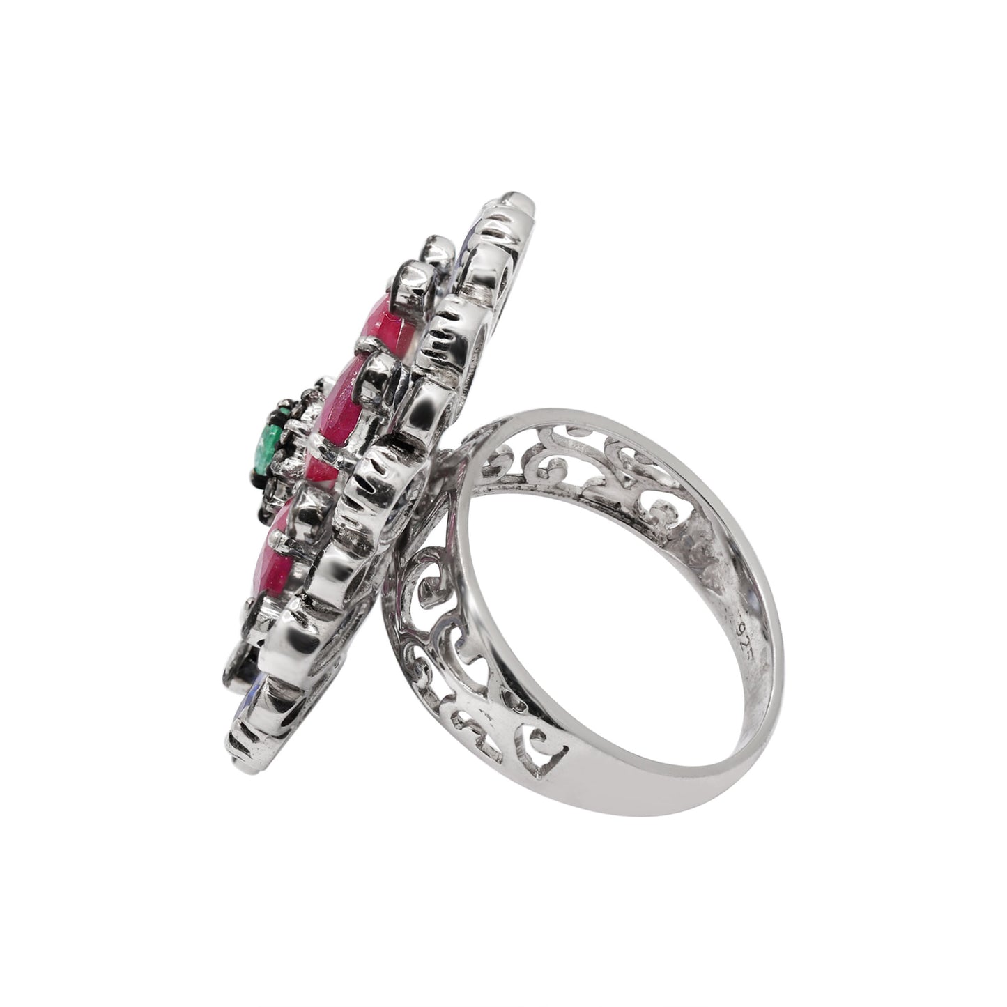 Floral Shaped Natural Ruby, Emerald, Sapphire, Diamond 925 Sterling Silver Gold Plated Ring
