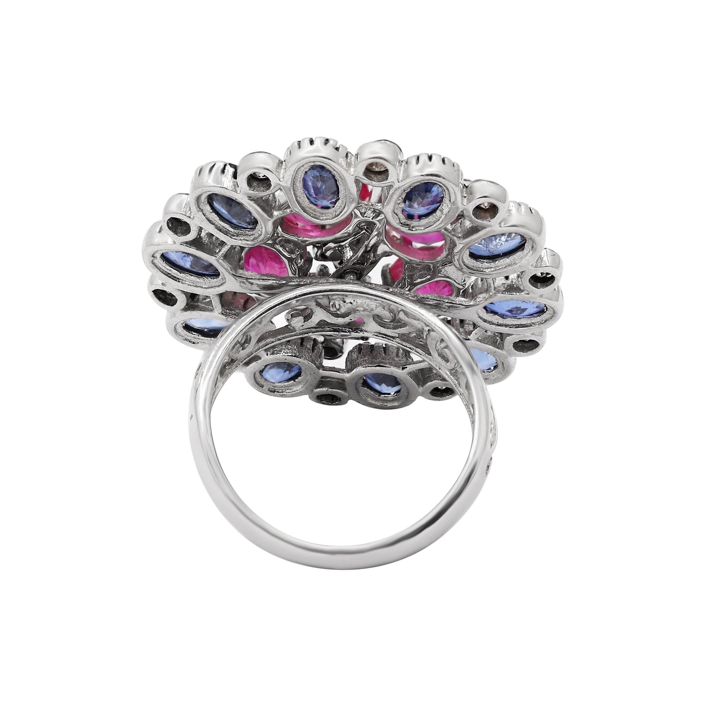 Floral Shaped Natural Ruby, Emerald, Sapphire, Diamond 925 Sterling Silver Gold Plated Ring
