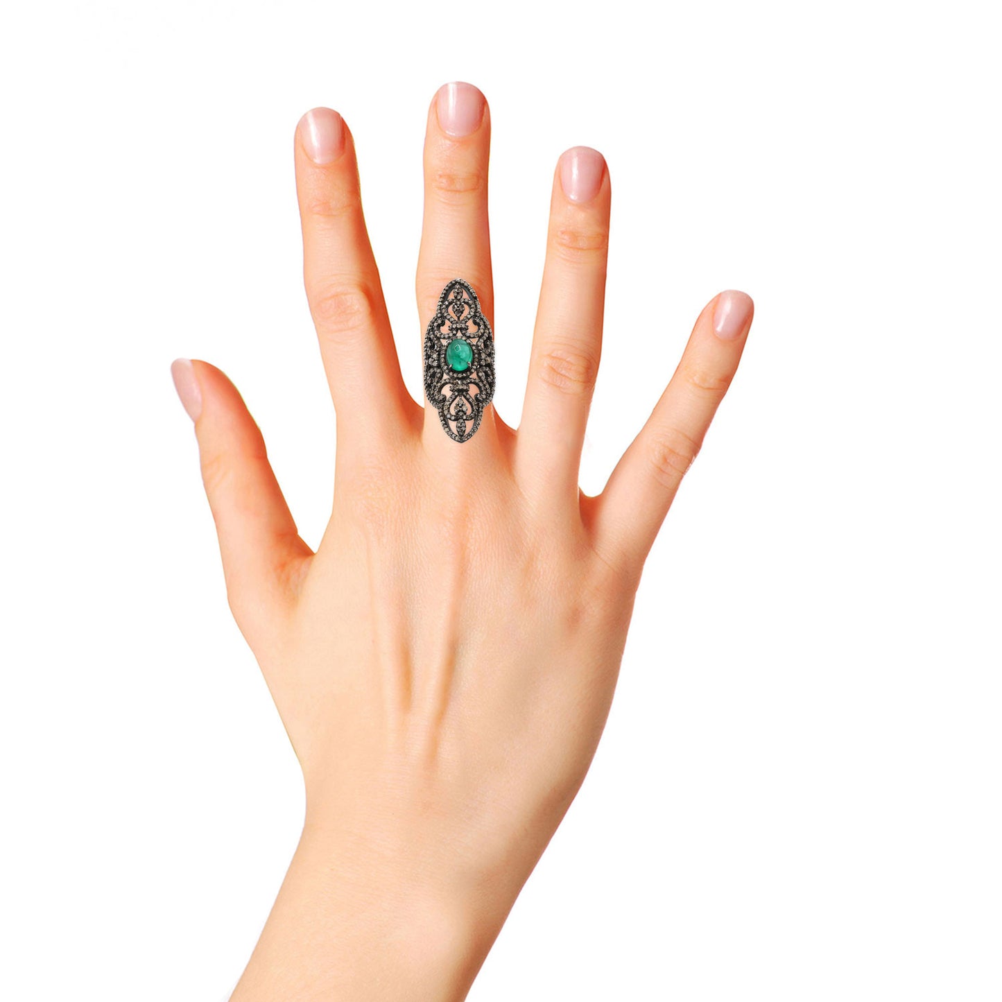 Natural Emerald And diamond 925 Sterling Silver Black Rhodium Ring