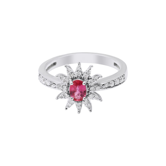 Natural Oval Cut Ruby With Diamond Gold Ring In 18k White Gold