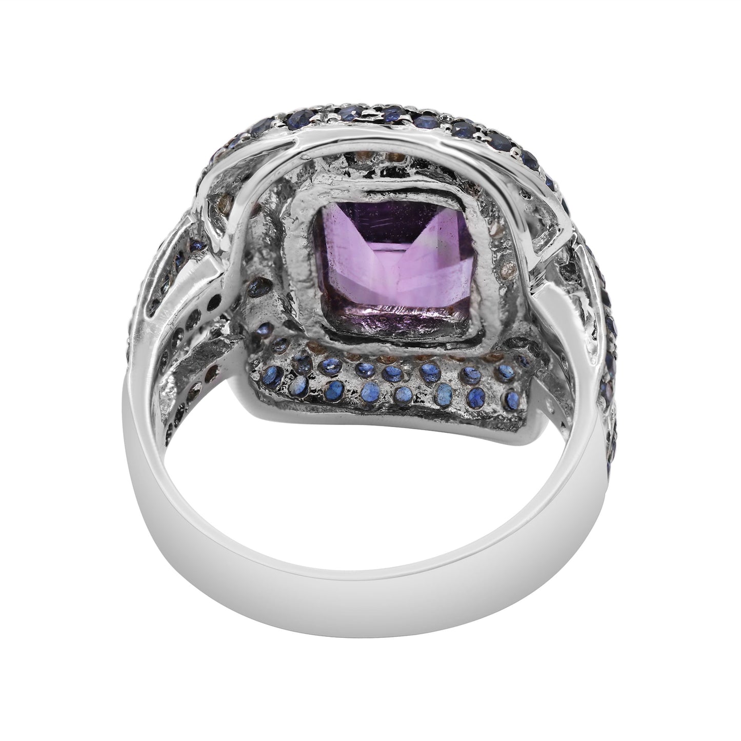 Gorgeous Natural Amethyst, Sapphire And Diamond 925 Sterling Silver Ring