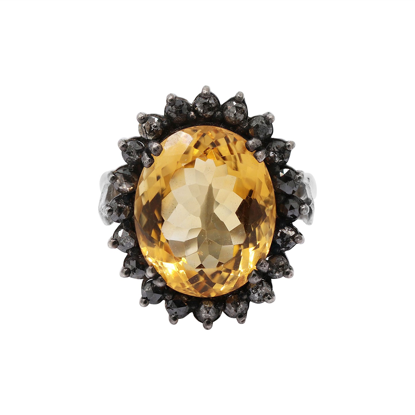 Beautiful Natural Citrine With Black Diamond 925 Sterling Silver Ring