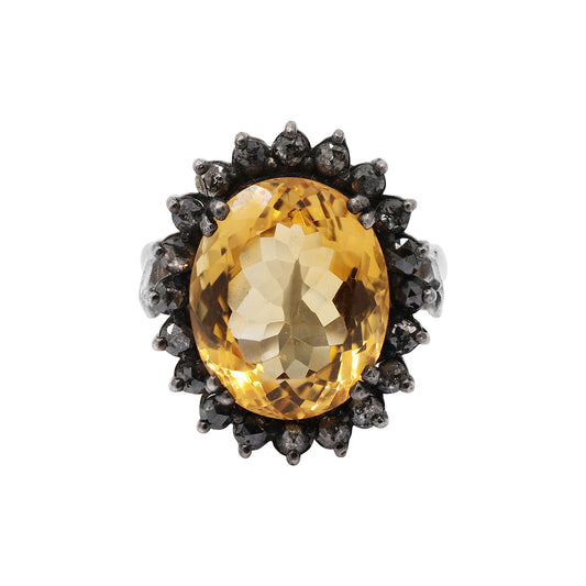 Beautiful Natural Citrine With Black Diamond 925 Sterling Silver Ring