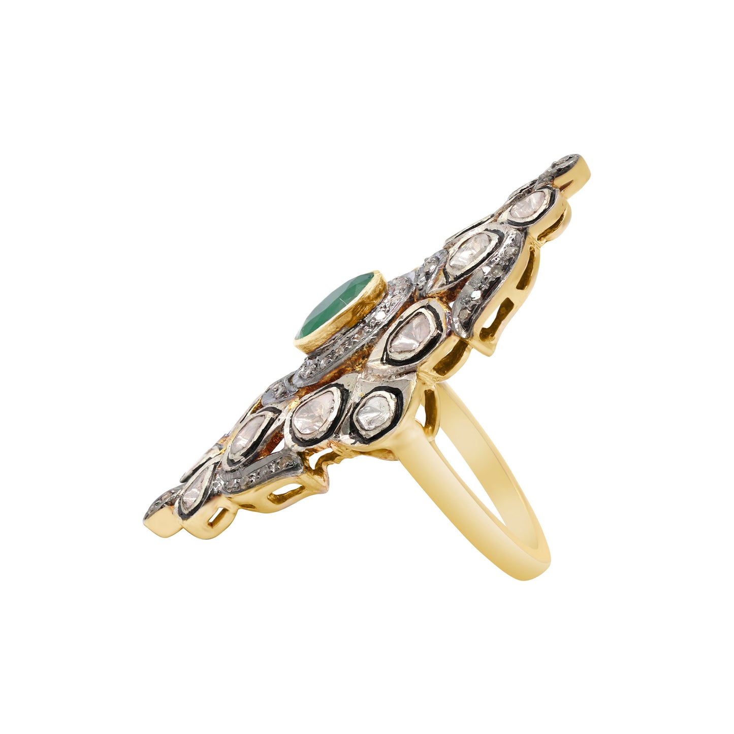 Natural Emerald And Polki Diamond 925 Sterling Silver Gold Plated Ring