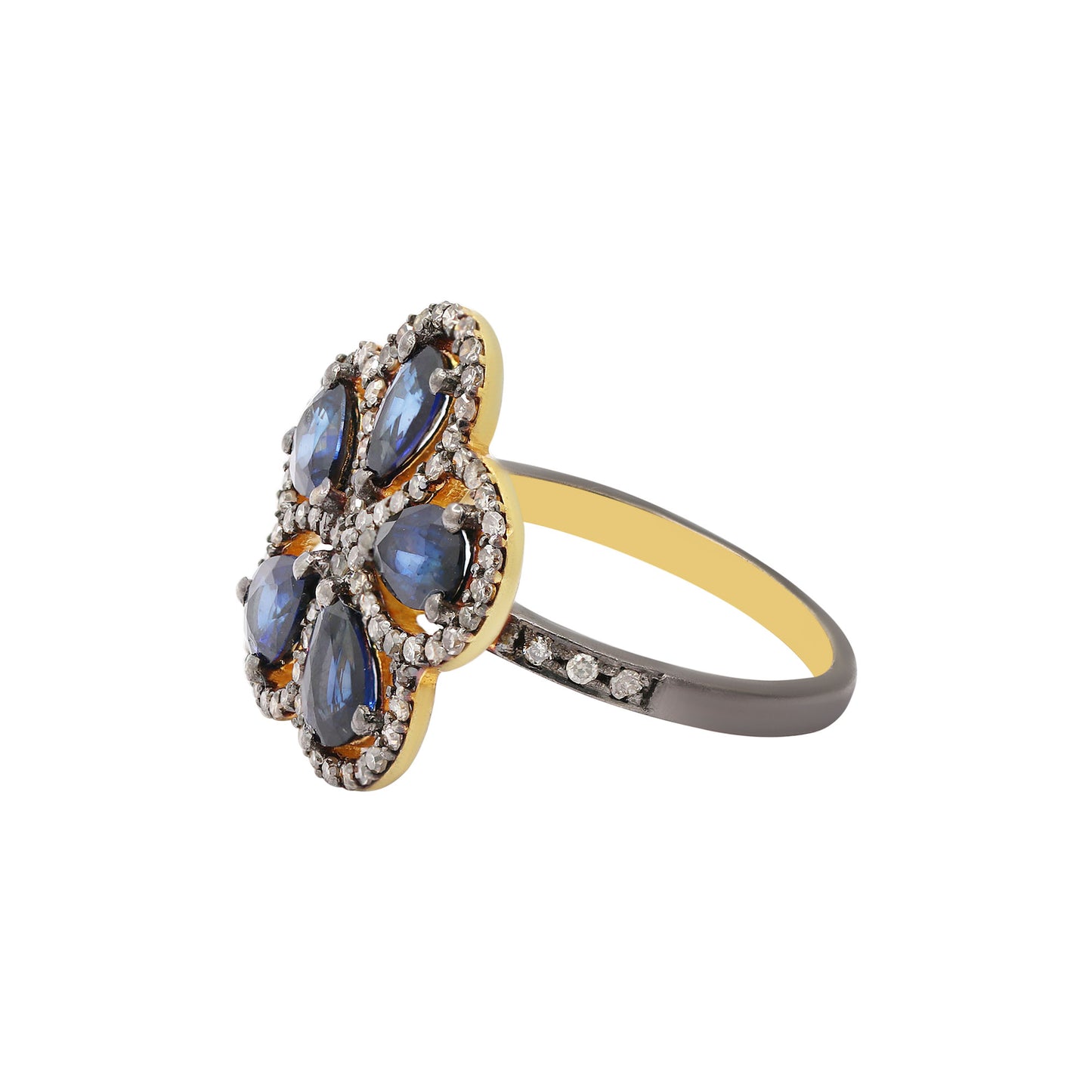 Flower Shaped Natural Blue Sapphire And Diamond 925 Sterling Silver Gold Plated Ring