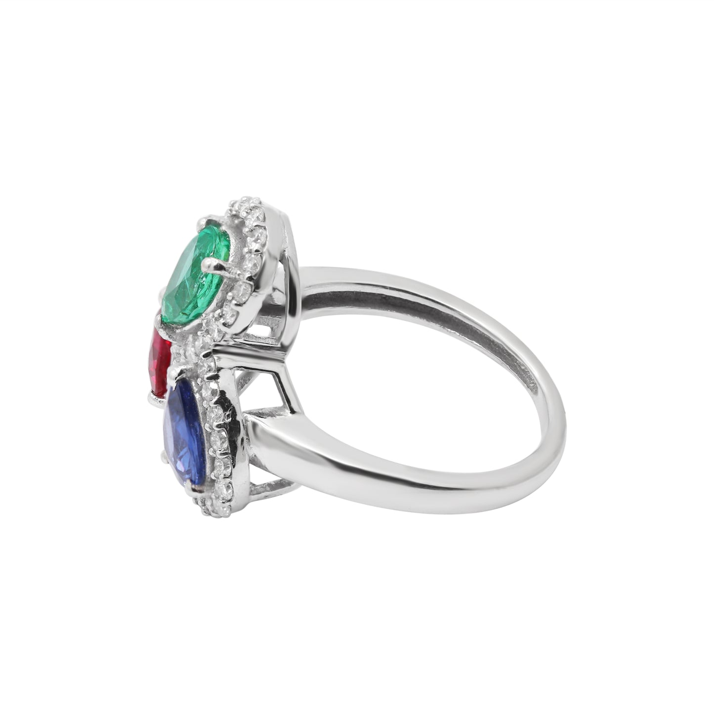 Natural Pear Cut Ruby, Sapphire, Emerald & Diamond Ring In 18k White Gold