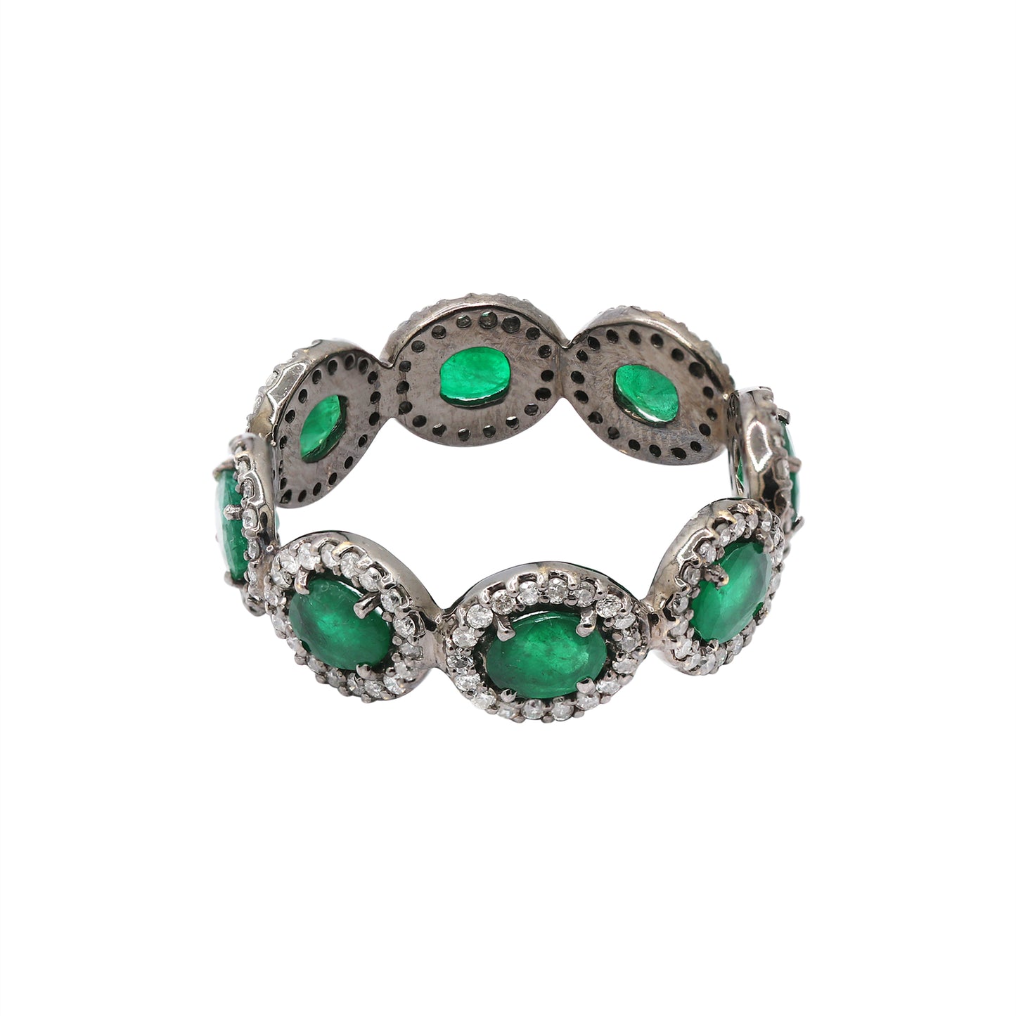 Natural Emerald With Diamond Band In 18k White Gold