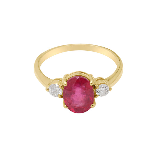 Natural Oval Shaped Ruby With Diamond Gold Ring In 14k Yellow Gold