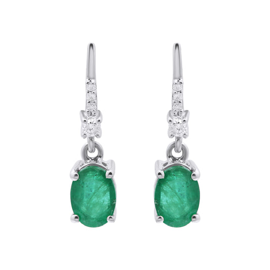 Natural Oval Cut Emerald And Diamond 14k White Gold Earring