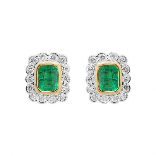 Designer Precious Emerald With Diamond 18k Gold Stud Earring