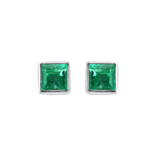 Natural Square Emerald Stud Earrings In 18k White Gold Unisex Emerald Studs