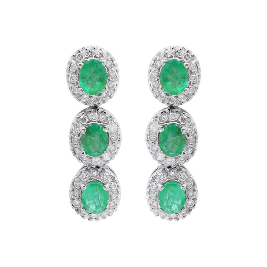 Natural Oval Cut Emerald With Diamond Designer Dangle Earrings In 18k Gold