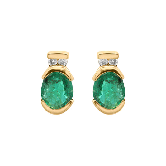 Precious Oval Cut Emerald Gemstone With Diamond 14k Yellow Gold Stud Earrings