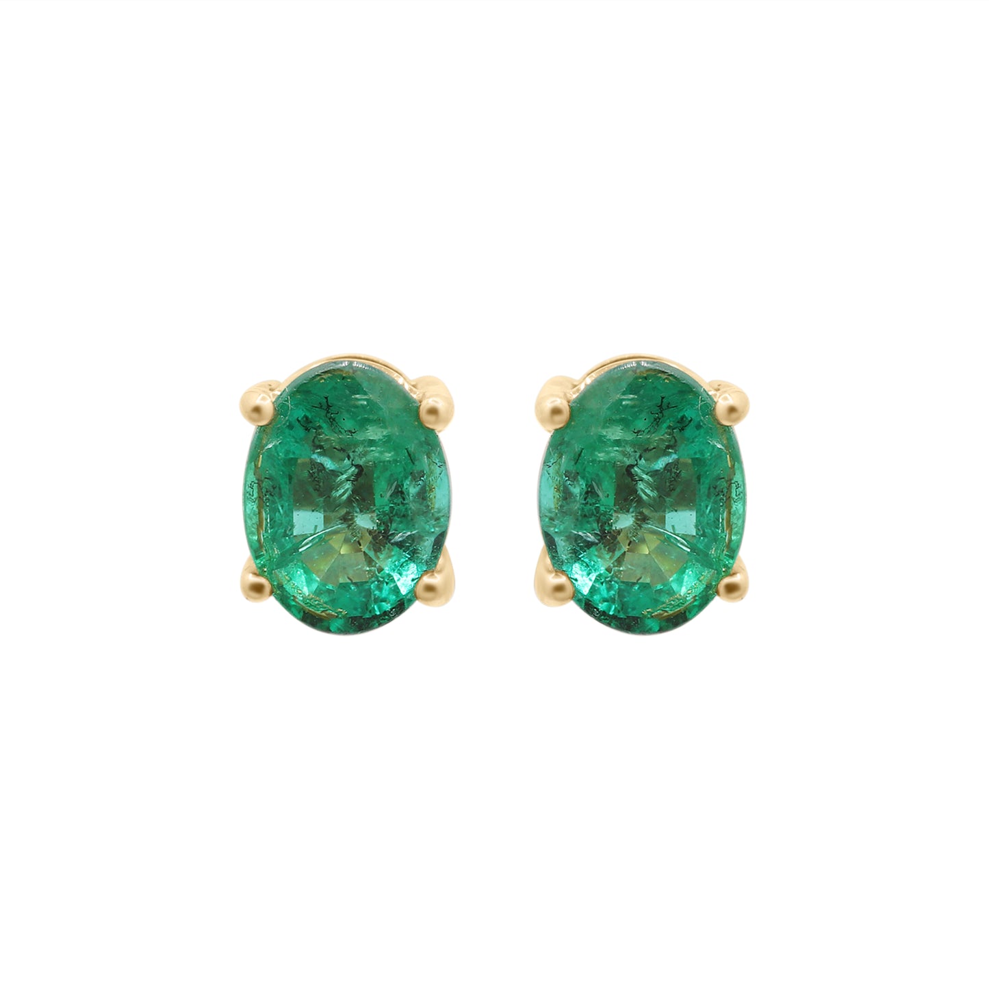 Natural Emerald Oval Cut Gemstone Stud Earrings In 14k Yellow Gold